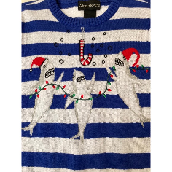 Alex Stevens Kids Blue White Striped Shark Christmas Sweater Size 6 - Picture 4 of 8